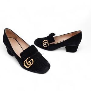 Gucci GG Marmont Fringe Block Heel Pump Black Suede Square Toe Size 38 US 8